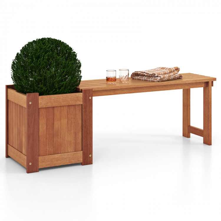 Teak oil finish raised garden bed with built-in bench, perfect for gardens and balconies, featuring sturdy wood.
