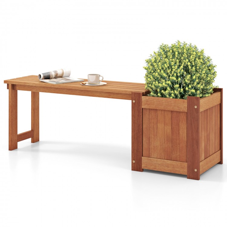 Teak oil finish raised garden bed planter box with bench, showcasing thickened wood and slatted seat for outdoor.