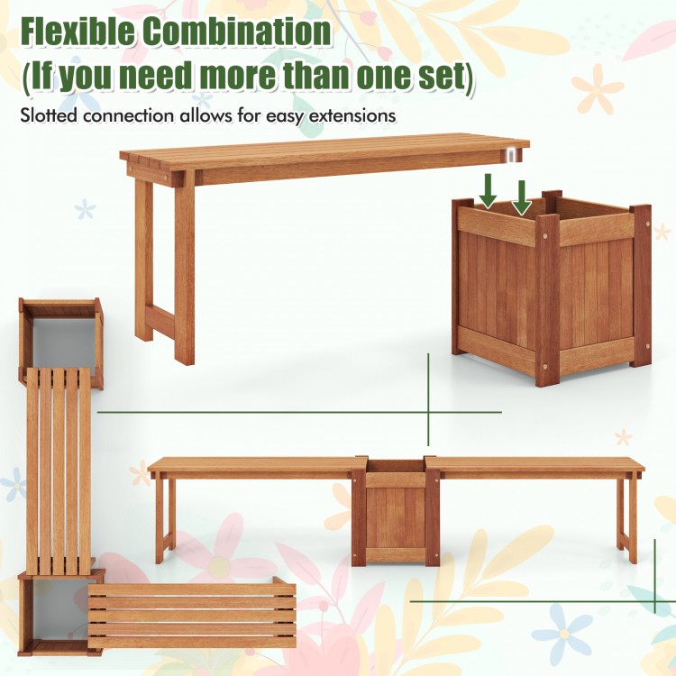 Teak oil finish raised garden bed with bench, featuring slotted connection for easy extensions, ideal for outdoor.