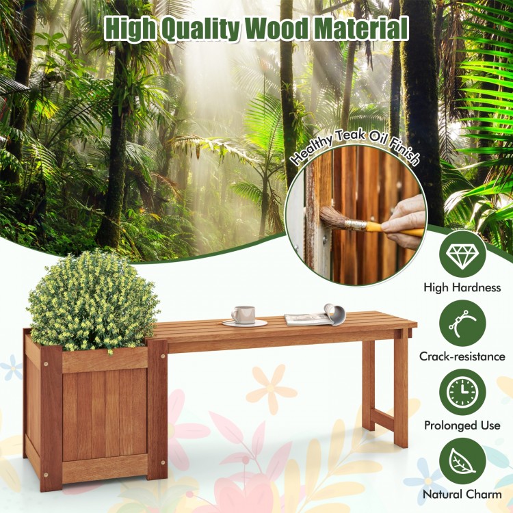 Teak oil finish raised garden bed planter box with built-in bench, high hardness wood, ideal for gardens and balconies.