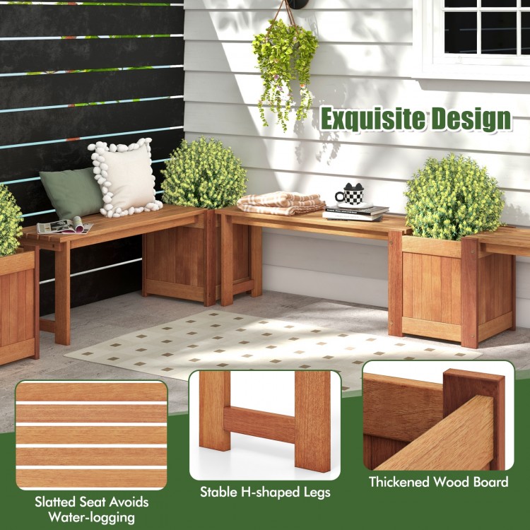 Teak oil finish raised garden bed with built-in bench, featuring slatted seat and stable H-shaped legs for outdoor use.