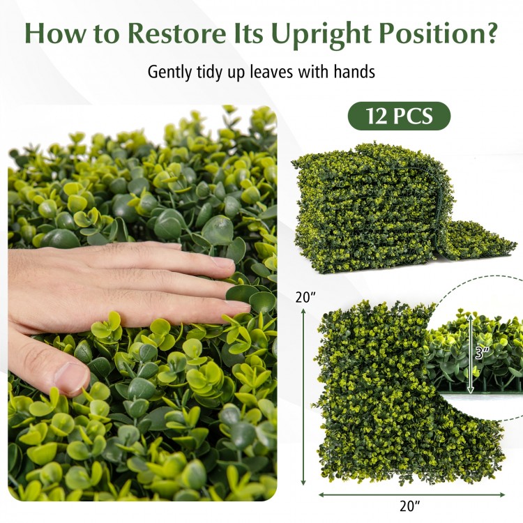 Artificial hedge eucalyptus panel set of 12, 20"x20", maintenance-free, perfect for privacy screens and green walls.