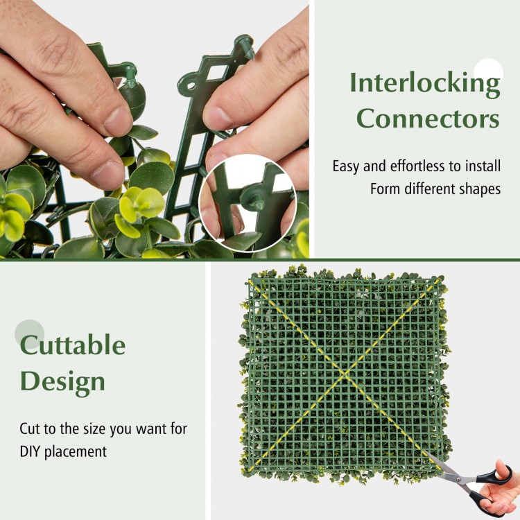 Artificial hedge eucalyptus panel with interlocking connectors, cuttable design for DIY projects, perfect for privacy.