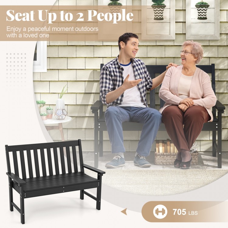 52-inch black HDPE outdoor bench with backrest and armrests, seating up to 2 people for garden or porch relaxation.