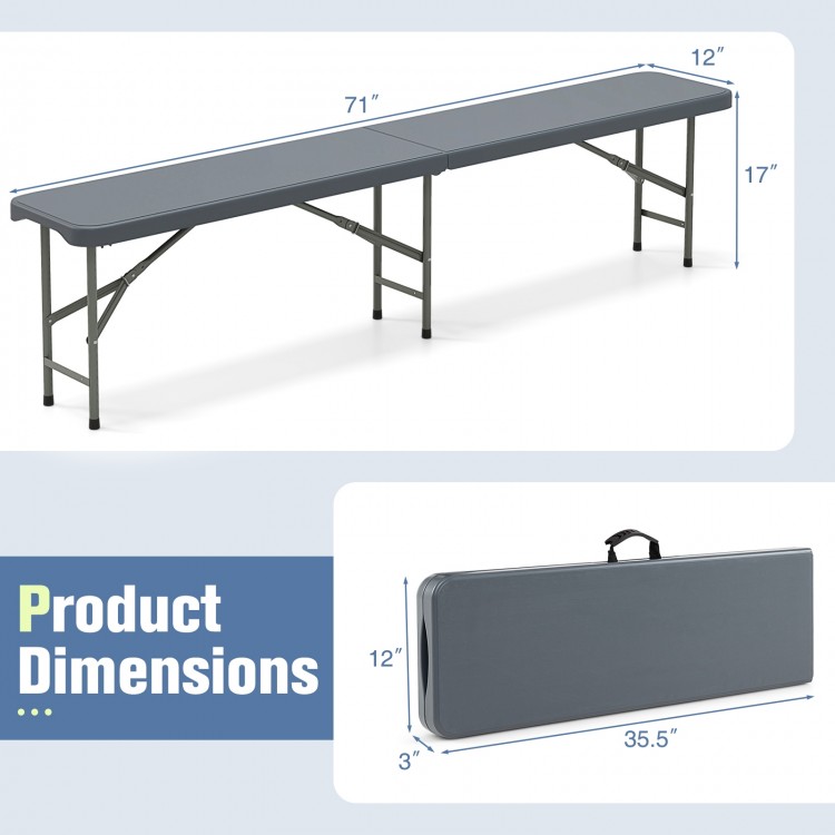 Gray 6 feet plastic folding bench with handle, compact design, supports 1320 lbs, ideal for outdoor events and storage.
