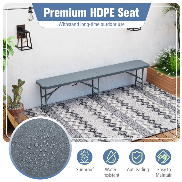 Gray 6 feet plastic folding bench with HDPE seat, waterproof surface, and heavy-duty frame for outdoor use.