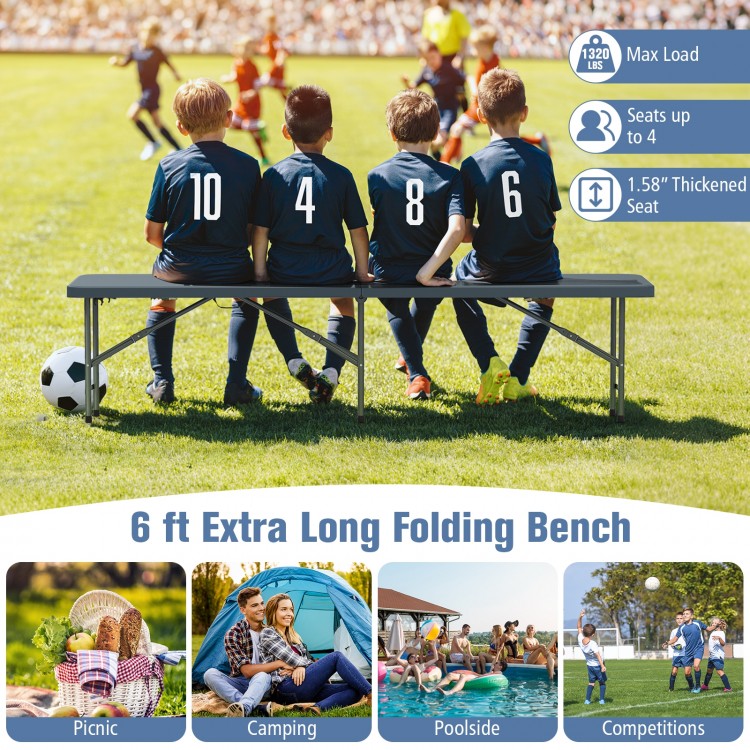 6 ft extra-long folding bench in gray, featuring a thickened HDPE seat, ideal for picnics, camping, and outdoor events.