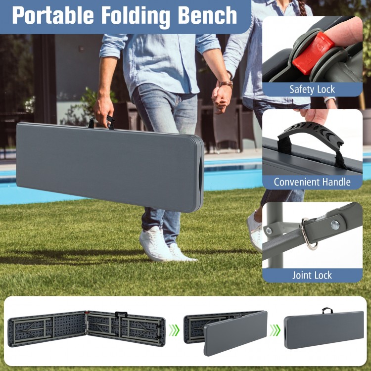 Gray 6-foot portable folding bench with handle and safety lock, ideal for outdoor events and easy storage.