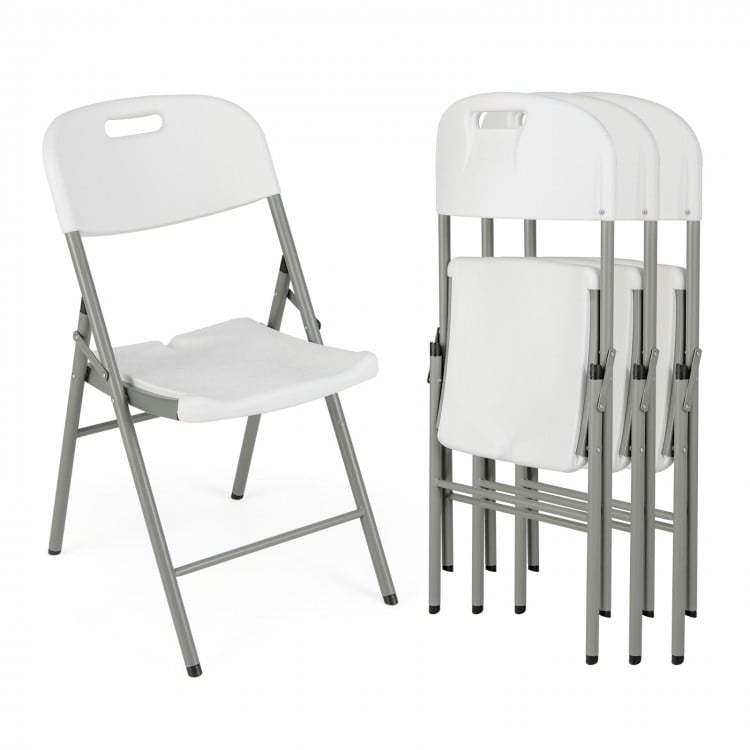 Folding stackable chair with a metal frame and carrying handle, featuring a contoured seat for comfort and easy storage.