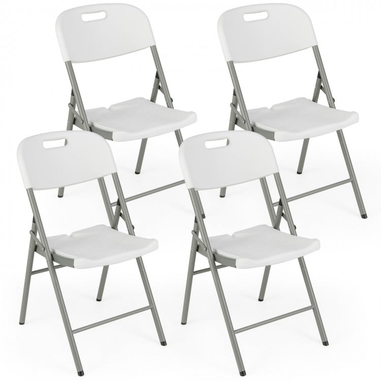 Four white folding stackable chairs with metal frame, ergonomic backrest, and carrying handle for easy portability.