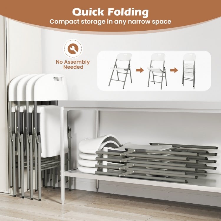 Stacked white folding chairs with metal frame, featuring quick folding design for compact storage in narrow spaces.