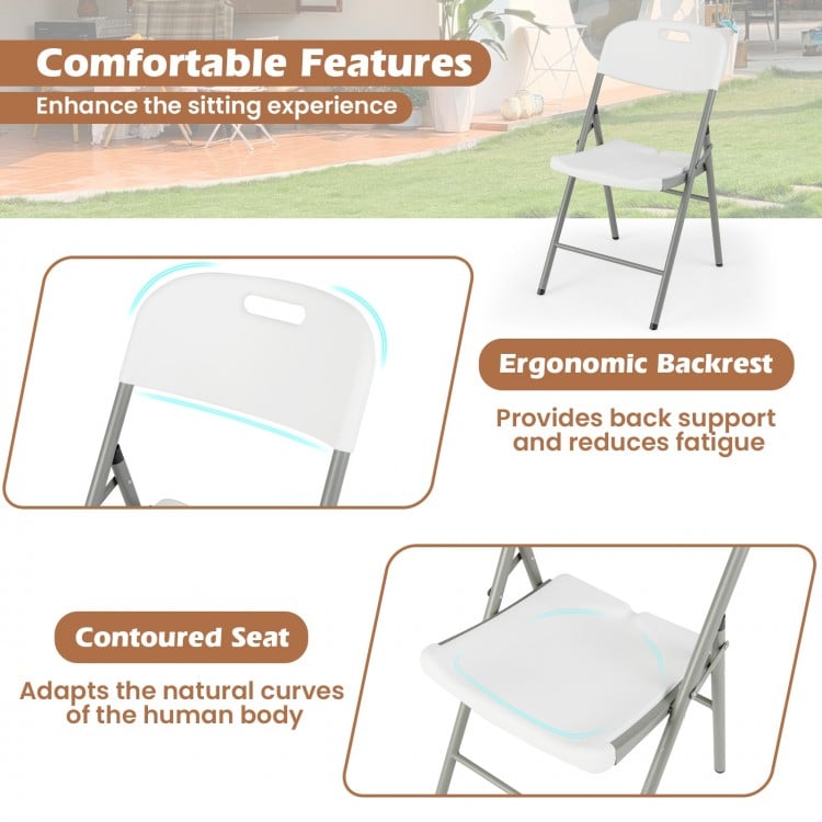 Folding stackable chair with ergonomic backrest and contoured seat, ideal for outdoor use and easy storage.