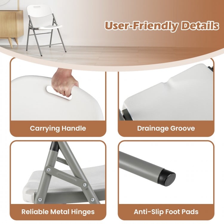 Folding chair with carrying handle, reliable metal hinges, and anti-slip foot pads, ideal for outdoor use and easy.