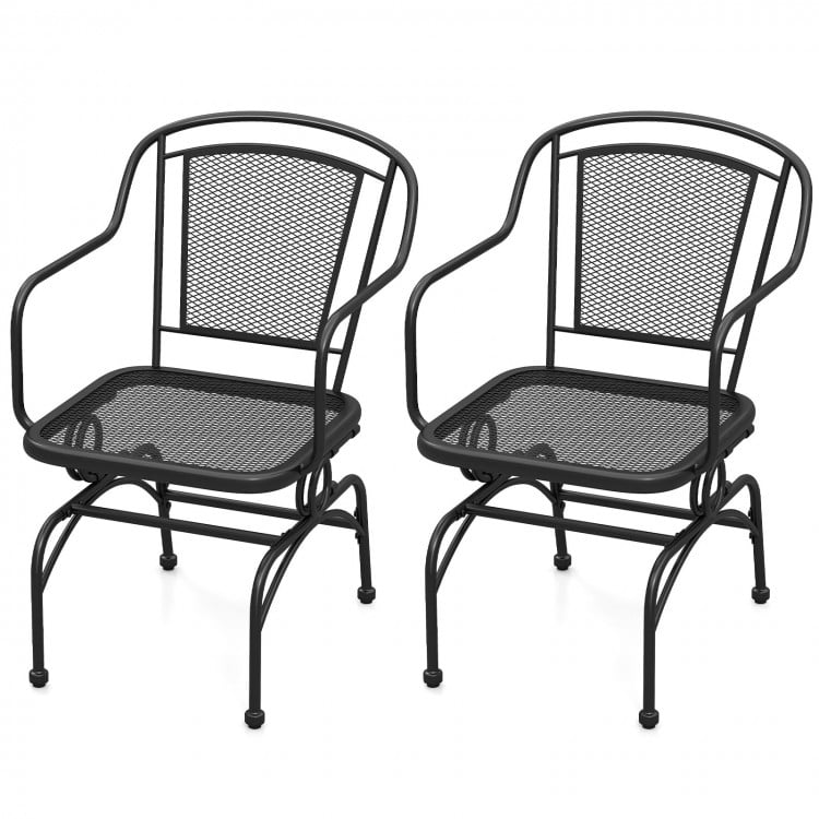 Set of 2 black outdoor rocking chairs with mesh backrests, designed for comfort and stability in yard settings.