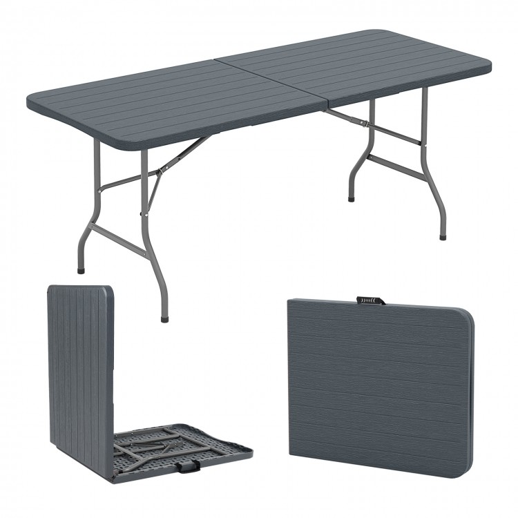 6 feet folding table with wood grain HDPE tabletop, gray, features safe lock mechanism, ideal for outdoor picnics.