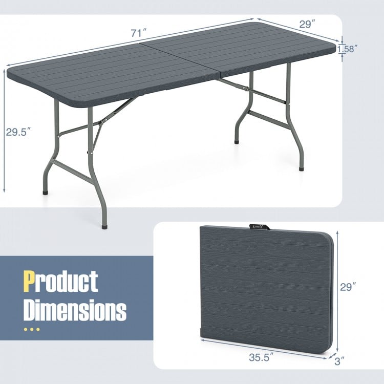 6 feet folding table with wood grain HDPE tabletop, gray color, ideal for outdoor use, featuring a safe lock mechanism.