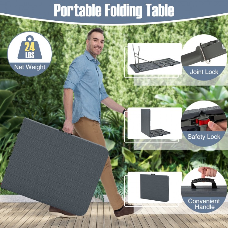 Portable 6 feet folding table with wood grain HDPE tabletop, safety lock, and convenient handle for easy transport.
