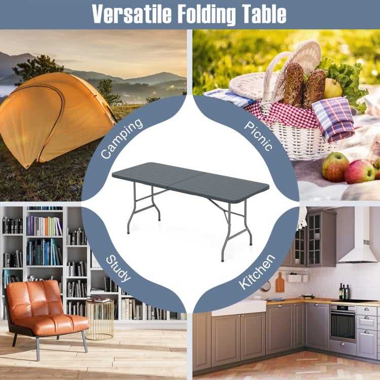 6 feet folding table with wood grain HDPE tabletop, ideal for camping, picnics, or indoor use, featuring a safe lock.