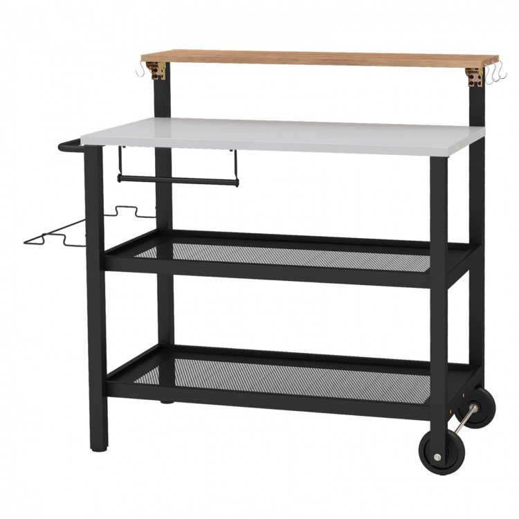 Rolling bar cart with a flip-up Zn-Fe alloy tabletop, 3-tier storage, and hooks, ideal for kitchen and patio use.