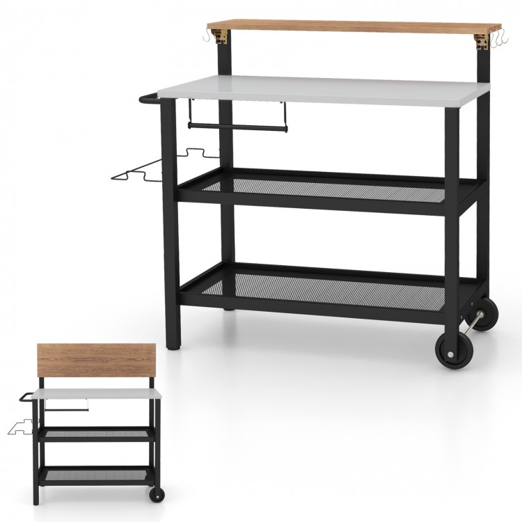 Rolling bar cart with flip-up table, black metal frame, and wooden top, ideal for kitchen and outdoor use.