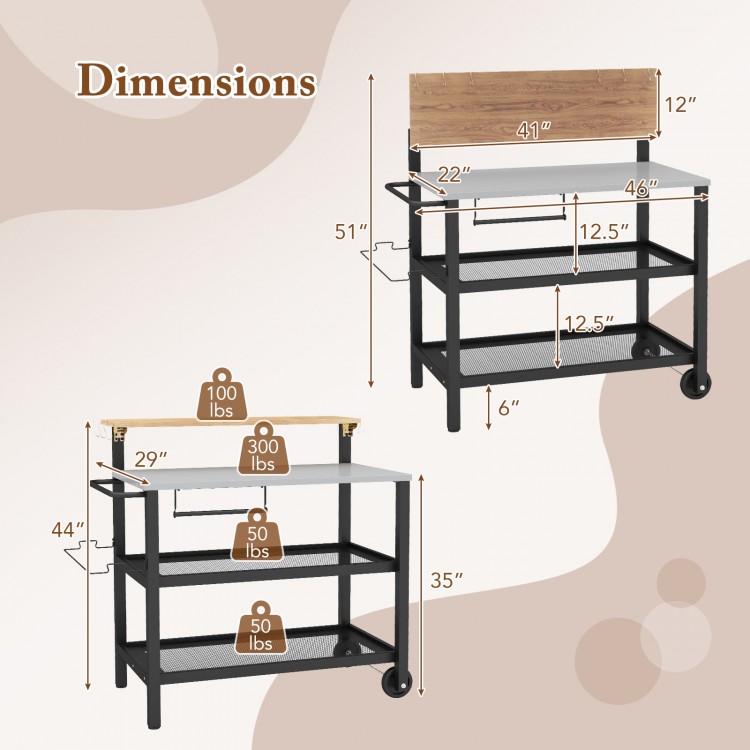 Rolling bar cart with adjustable flip-up table, galvanized metal frame, and 3-tier storage for kitchen and patio use.