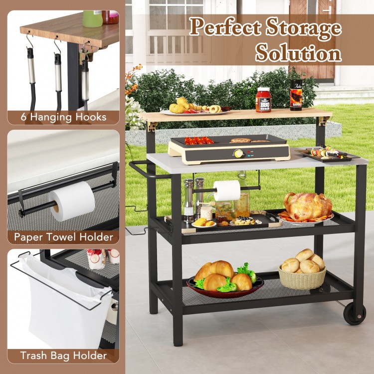 Rolling bar cart with flip-up table, 3-tier storage, and 6 hooks, perfect for kitchen or patio use.