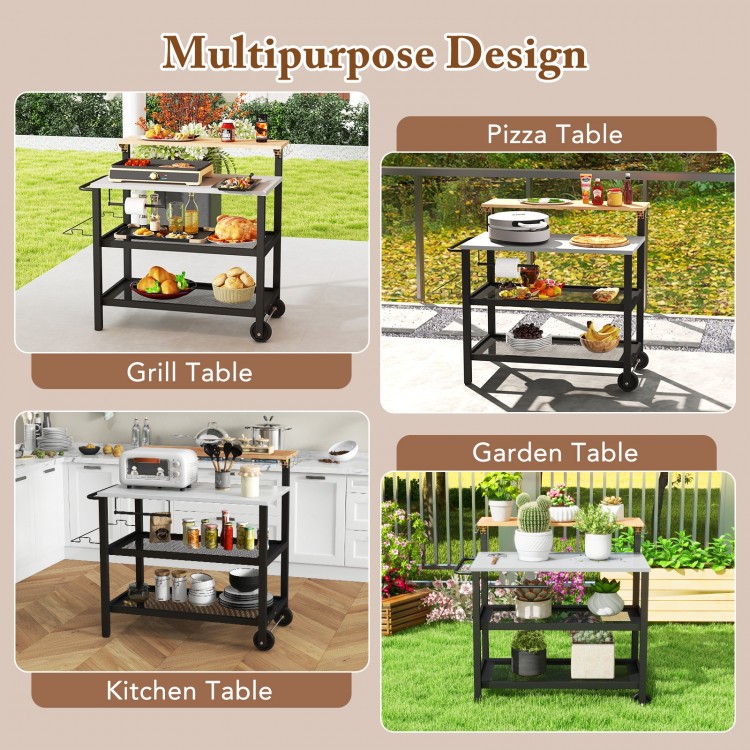 Rolling bar cart with flip-up table, Zn-Fe alloy top, and 3-tier storage for versatile use in kitchen or garden.