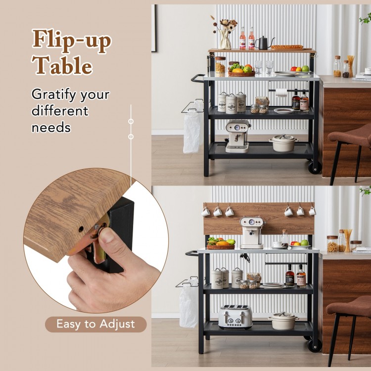 Rolling bar cart with flip-up table, Zn-Fe alloy top, and hooks for versatile kitchen and patio use.