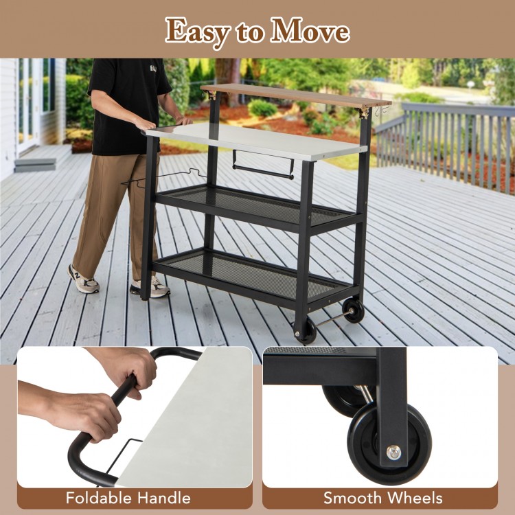 Rolling bar cart with flip-up table, foldable handle, and smooth wheels, perfect for kitchen and outdoor use.