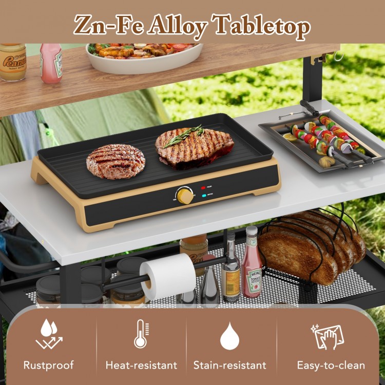 Rolling bar cart featuring a rust-resistant Zn-Fe alloy tabletop, perfect for grilling and outdoor kitchen use.
