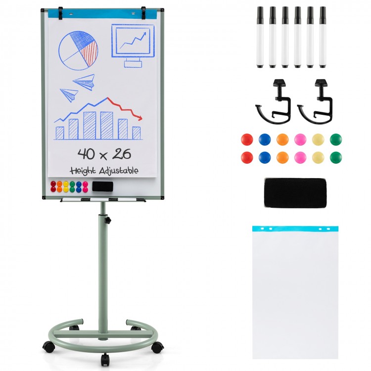 Height-adjustable mobile whiteboard with round stand, 40x26 inches, includes markers, magnets, and paper clips for.