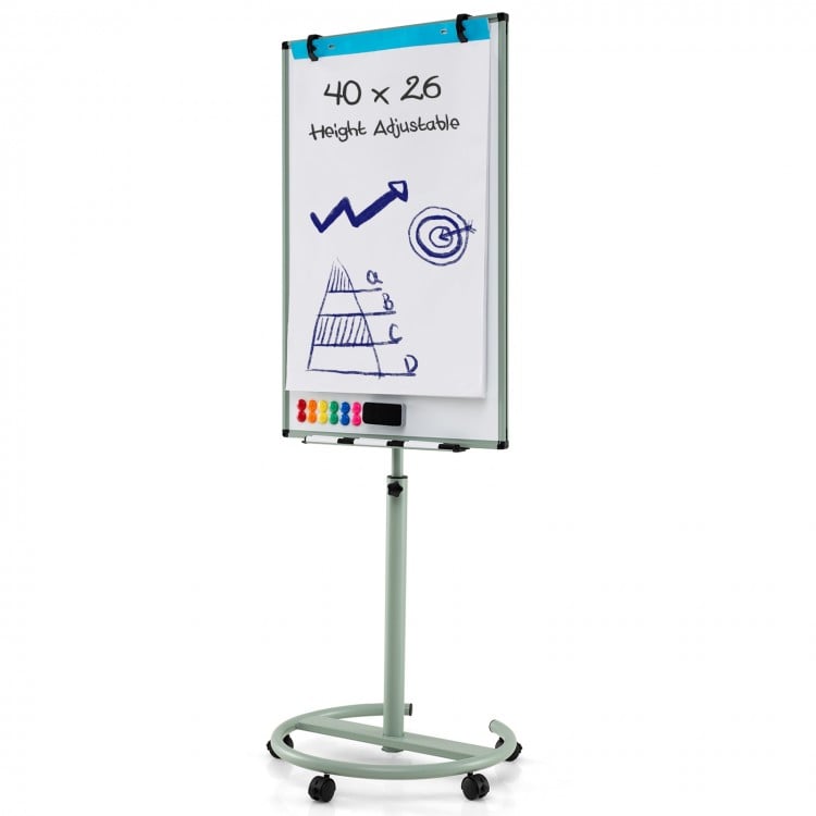 Height-adjustable mobile whiteboard with round stand, 40x26 inches, ideal for presentations and teaching activities.
