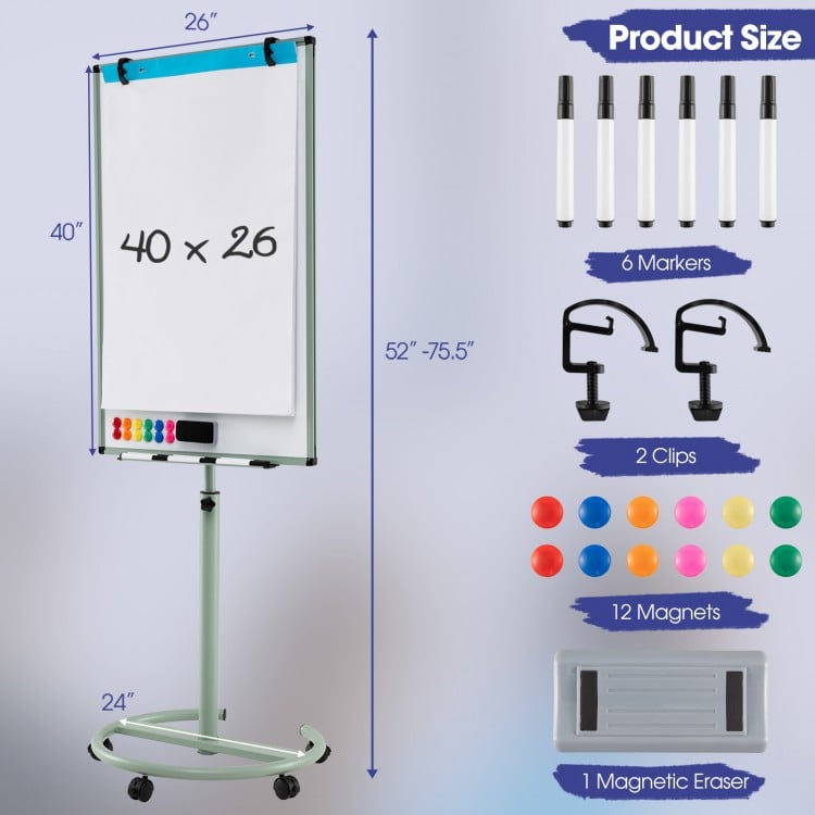 Height-adjustable mobile whiteboard with round stand, 40x26 inches, includes markers, clips, and magnets for versatile.