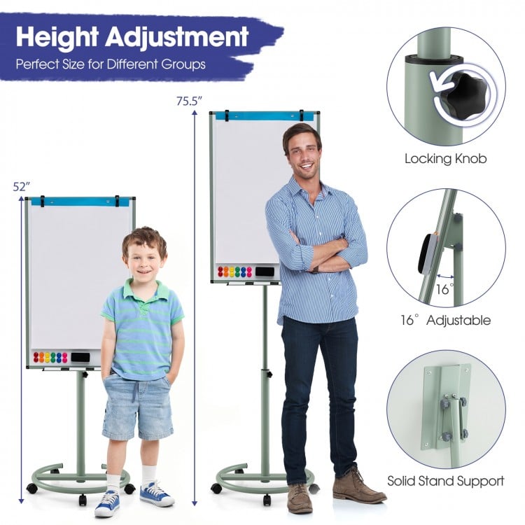 Height-adjustable mobile whiteboard in green, 40x26 inches, ideal for teaching and presentations, with sturdy round.