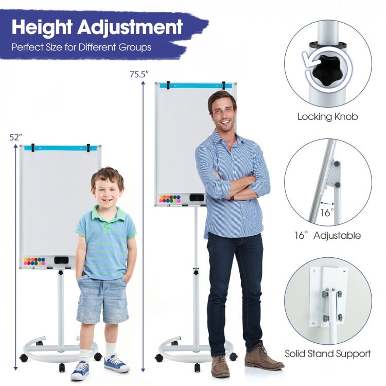 Height-adjustable mobile whiteboard with round stand, 40x26 inches, perfect for teaching and presentations.