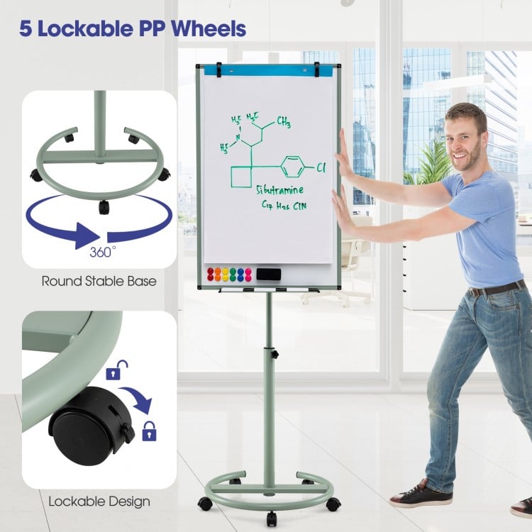 Height-adjustable mobile whiteboard with round stand and 5 lockable wheels, perfect for office or classroom use.