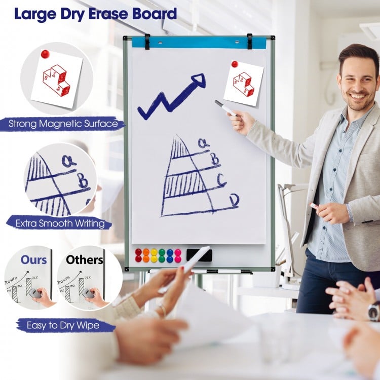 Height-adjustable mobile whiteboard with round stand, showing the storage tray for accessories, ideal for organized.