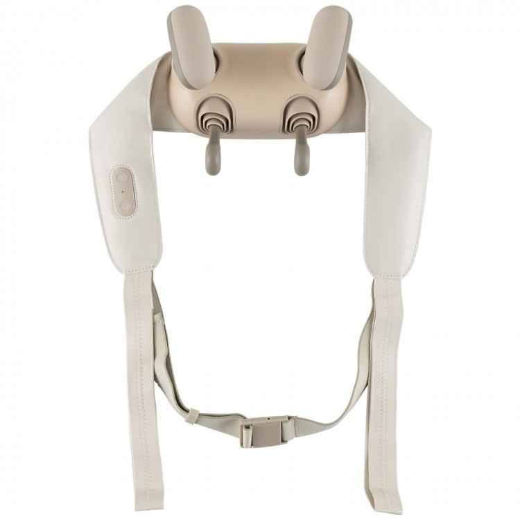 Neck shoulder massager in beige with adjustable straps and heat levels for pain relief and relaxation at home or travel.