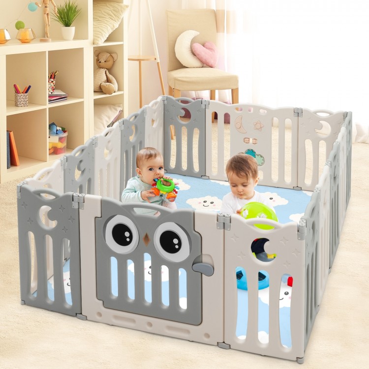 16-panel beige baby activity center play yard with safety lock, featuring cute owl design and spacious play area for.