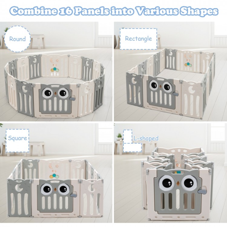 16-panel baby activity center play yard in beige, adjustable shapes for safe play, with non-slip foot mats and cute owl.