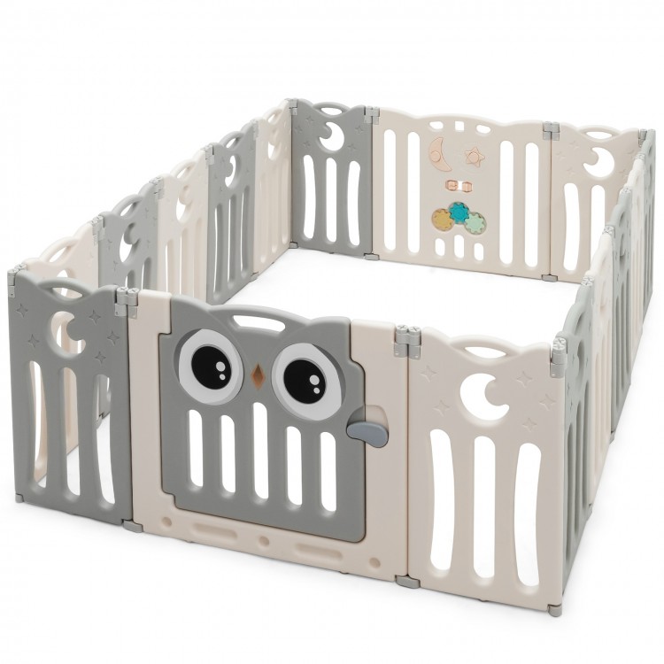 16-panel beige baby activity center play yard with lock door and cute owl design, providing a safe play space for.