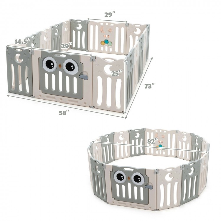 16-panel beige baby activity center play yard with lock door, adjustable shapes, and non-slip foot mats for safety.