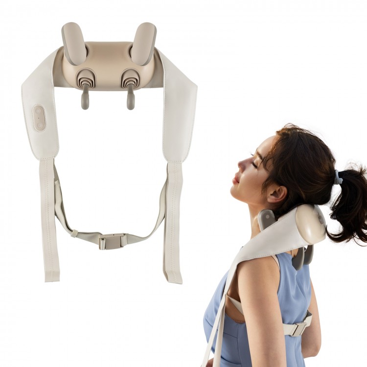 Neck shoulder massager in beige with adjustable straps, 2 heat levels, and silicone massage heads for pain relief.