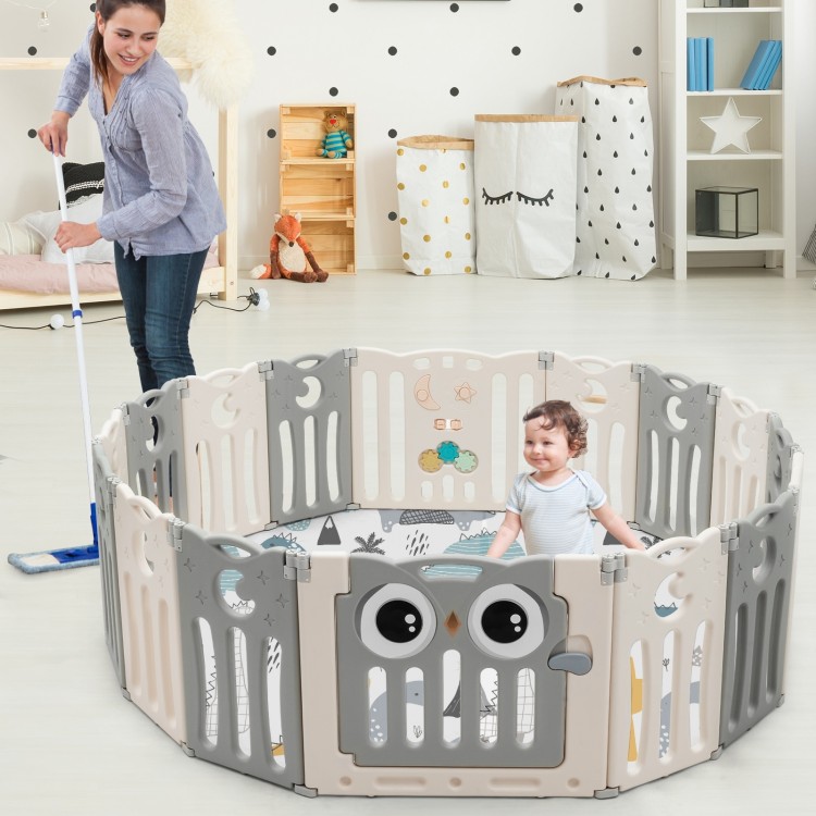 16-panel beige baby activity center play yard with lock door, featuring an owl pattern and non-slip foot mats for.