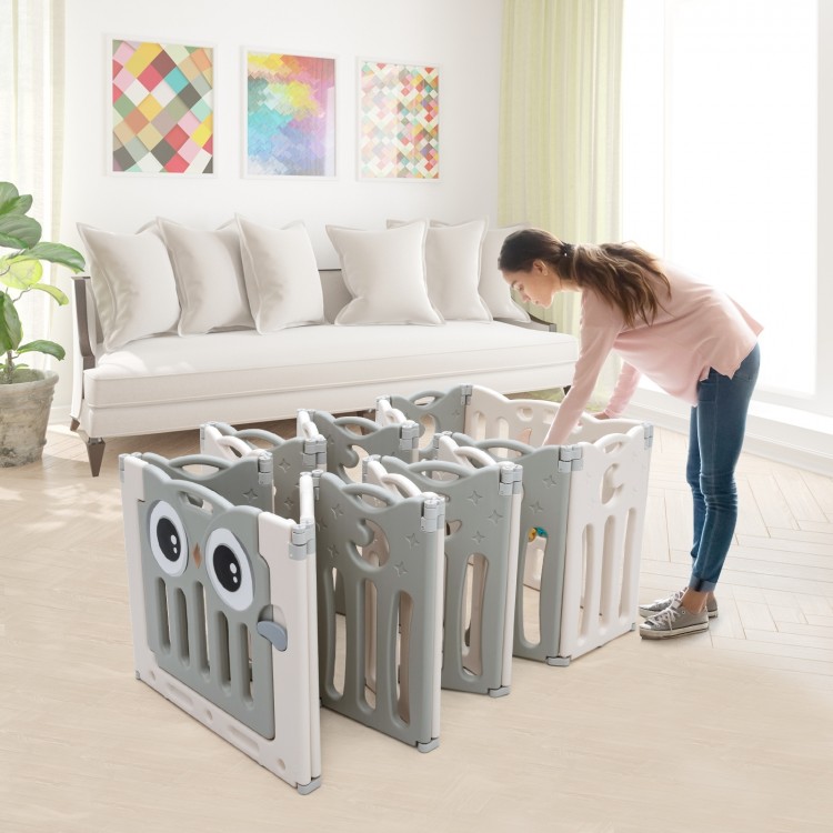 16-panel beige baby activity center play yard with lock door, featuring ergonomic handles and non-slip foot mats for.