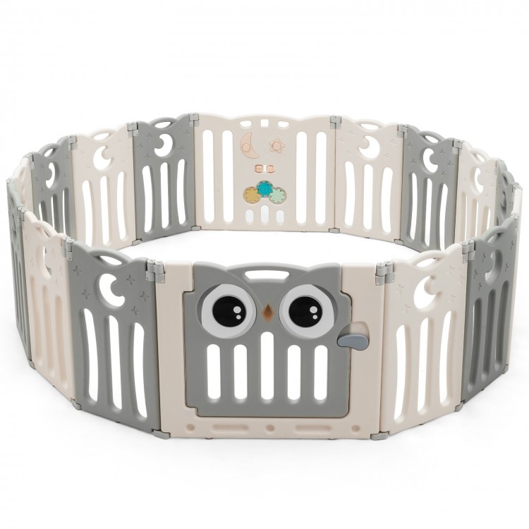 16-panel baby activity center play yard in beige with owl design, adjustable shapes, and safety lock for secure play.