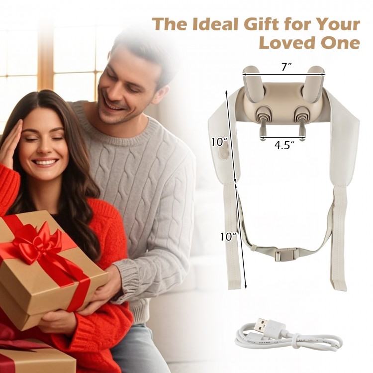 Neck shoulder massager in beige with adjustable straps and heat levels for pain relief, ideal for home or travel use.