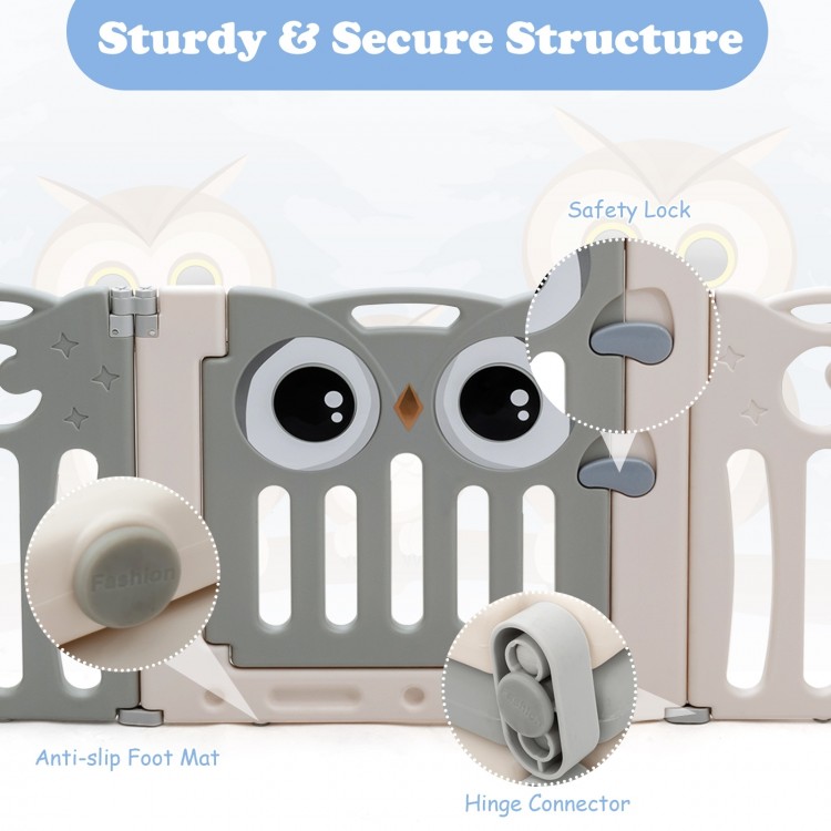 Close-up of the 16-panel beige baby playpen showing safety lock, hinge connector, and anti-slip foot mat for secure.