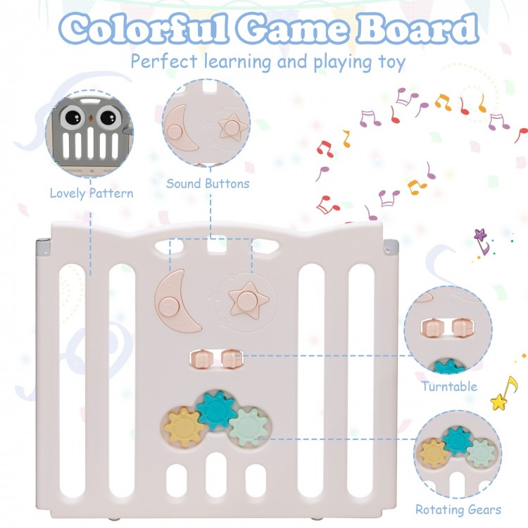 Colorful baby activity center play yard with educational toys, adjustable panels, and non-slip foot mats for safety.