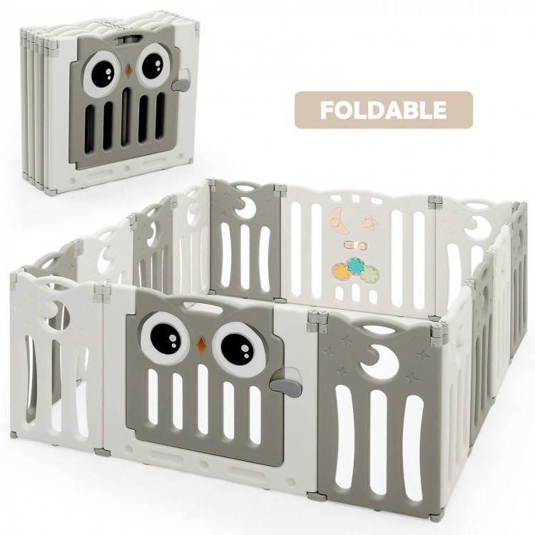 Foldable 14-panel baby playpen in beige with cute owl design, featuring a secure lock door for safety and easy storage.